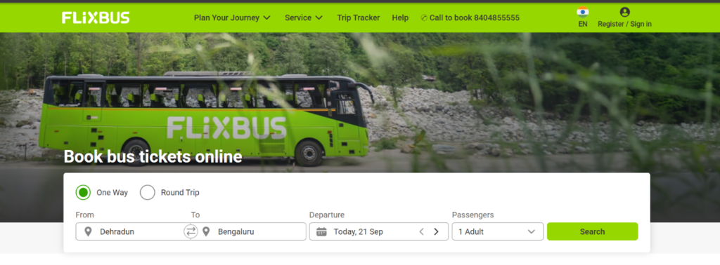 FlixBus promo code page showing the bus ticket search option