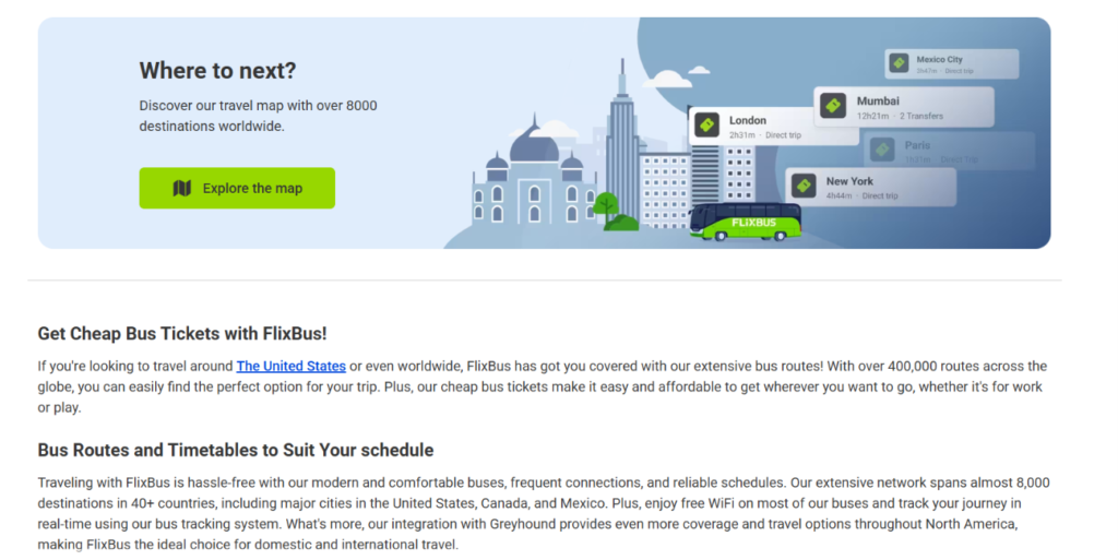 FlixBus official website featuring bus and train travel options, destinations, booking services, and information about a FlixBus promo code.
